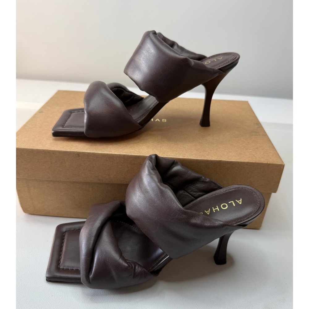 Alohas Twist Strap Coffee Brown Leather Square Toe Padded Mule Sandals US 5 New